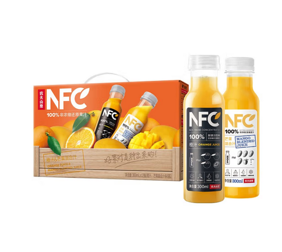 农夫山泉 100%NFC果汁饮料 300ml*12瓶（6瓶橙汁+6瓶芒果混合汁） 缤纷礼盒